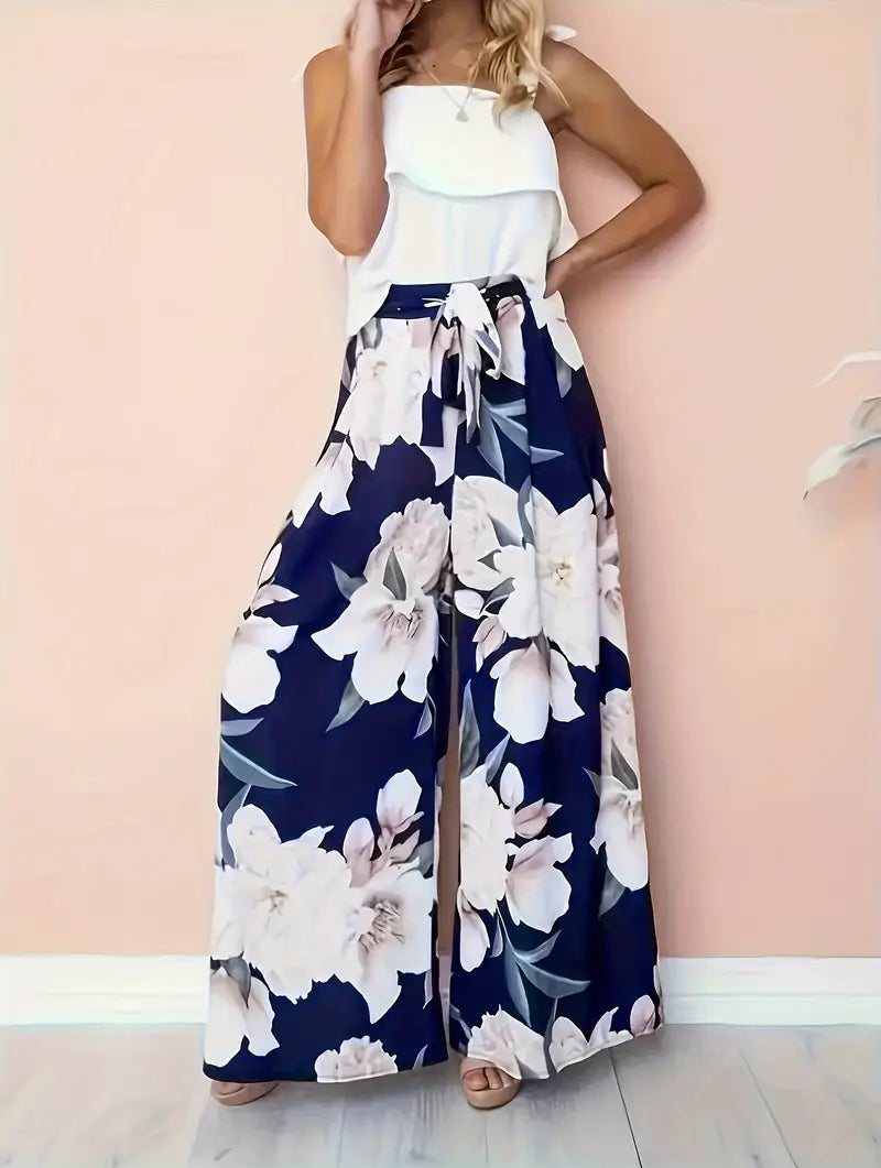 Aisling – Palazzohose mit Blumenmuster, hoher Taille und weitem Bein und Bindegürtel