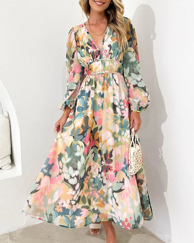 Damen Maxikleid aus Viskose mit Blumenmuster und V-Ausschnitt