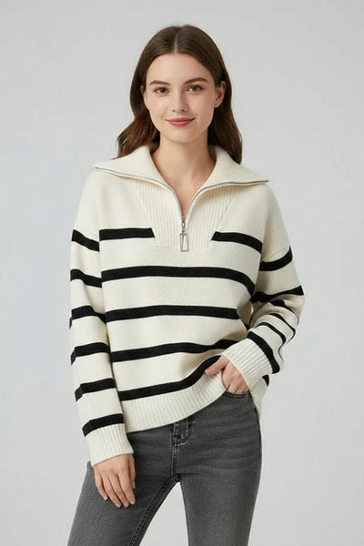 Selma | Damen Strickpullover Mit Reißverschluss Und Streifen