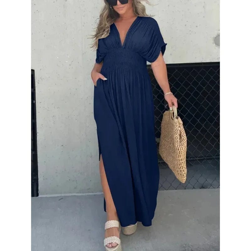 Elegantes Maxikleid Damen Sommer mit Schlitz & V-Ausschnitt | Langes Boho Strandkleid