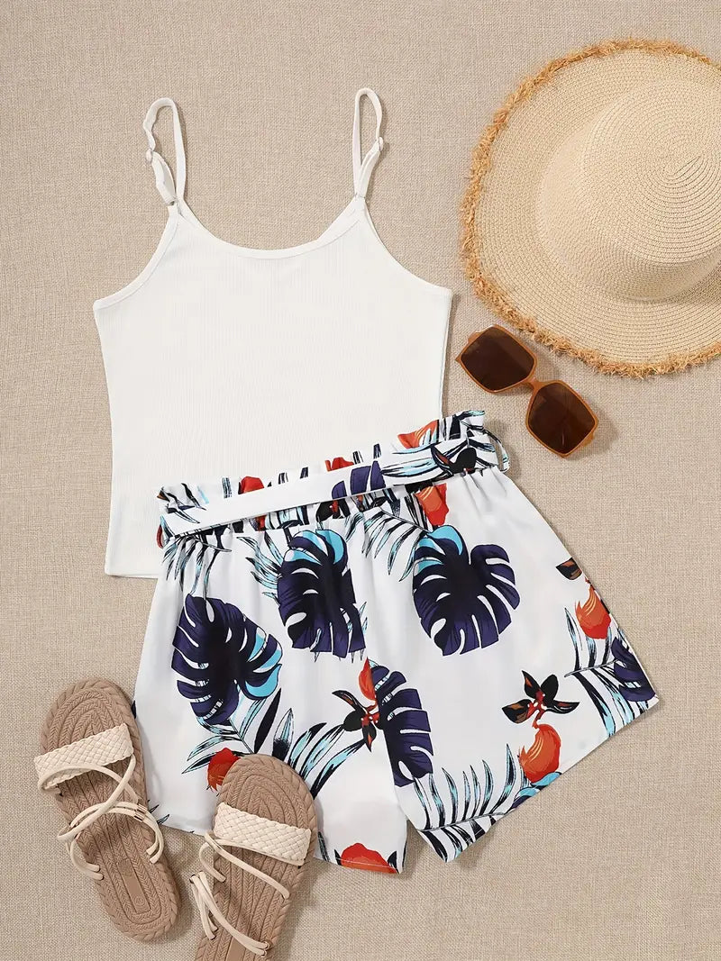 Cera – Zweiteiliges Set aus ärmellosem Top und Shorts im Tropical-Stil
