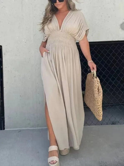 Elegantes Maxikleid Damen Sommer mit Schlitz & V-Ausschnitt | Langes Boho Strandkleid