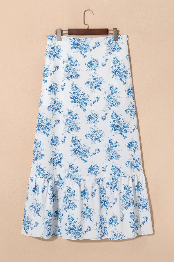 Split Asymmetrical Ruffled Printed Skirt