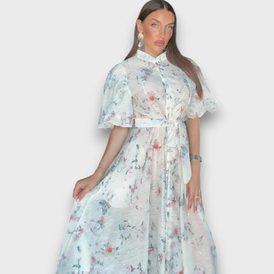 Celindra – Maxi-Kleid mit floraler Struktur und Bindegürtel