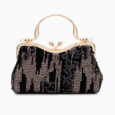 Alyannah | Navyblaue Samt-Clutch mit goldenen Pailletten & verziertem Griff – Elegante Abendtasche für Damen