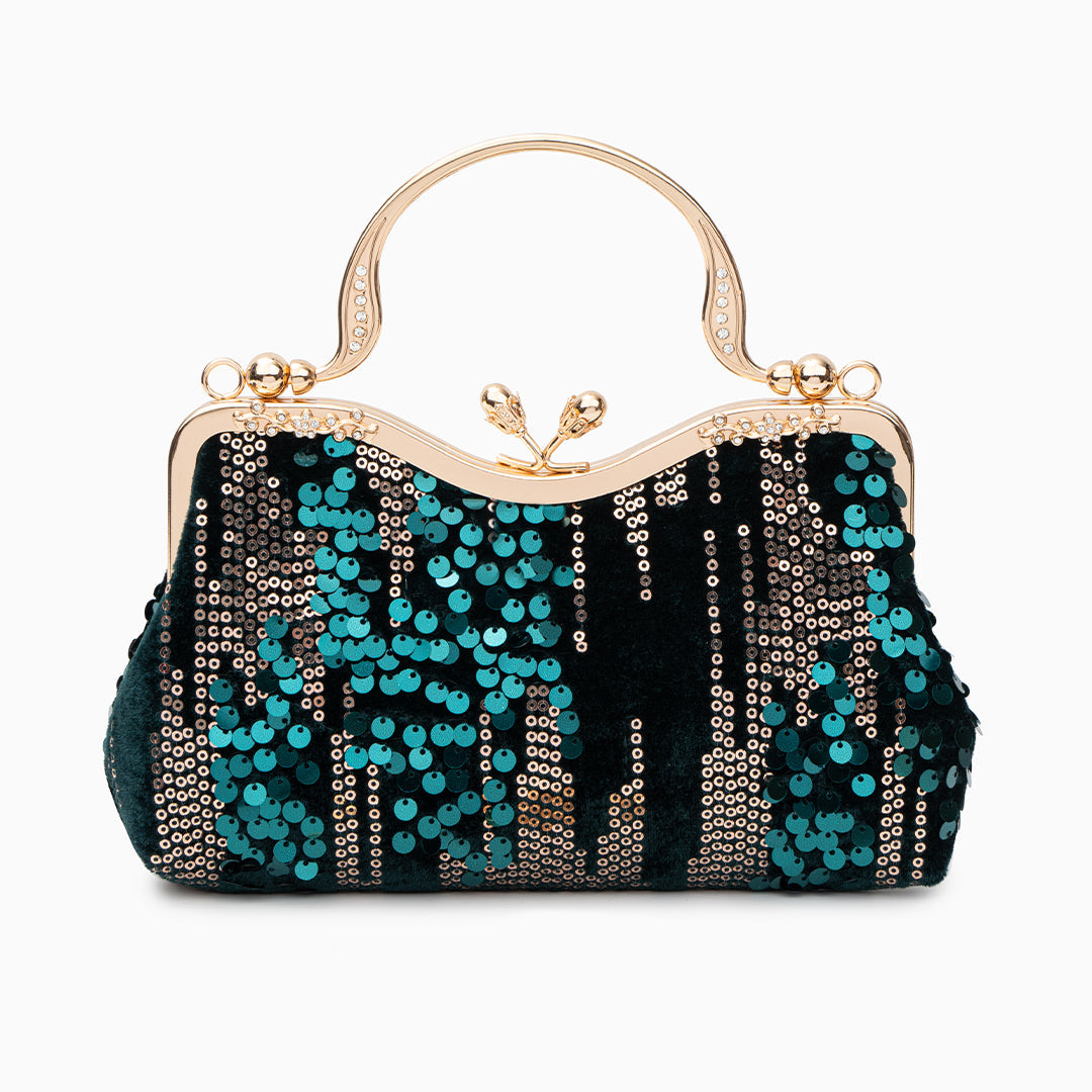 Alyannah | Navyblaue Samt-Clutch mit goldenen Pailletten & verziertem Griff – Elegante Abendtasche für Damen