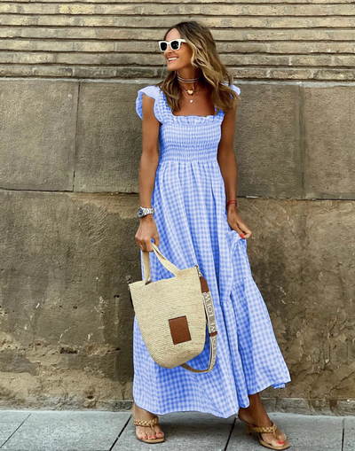 Damen Maxikleid Baumwolle Gingham Rüschenärmel Eleganter Sommerlook