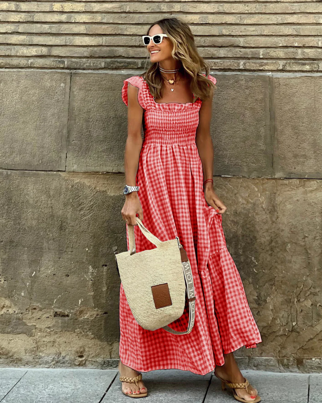 Damen Maxikleid Baumwolle Gingham Rüschenärmel Eleganter Sommerlook