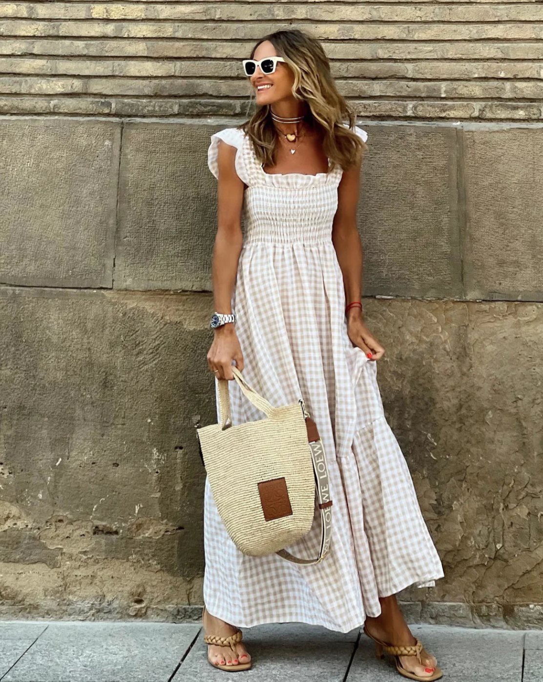 Damen Maxikleid Baumwolle Gingham Rüschenärmel Eleganter Sommerlook