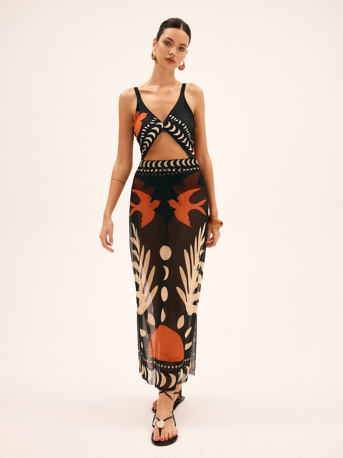 Maxi Mesh Rock mit Vogelprint – Leichtes Strand-Cover-Up