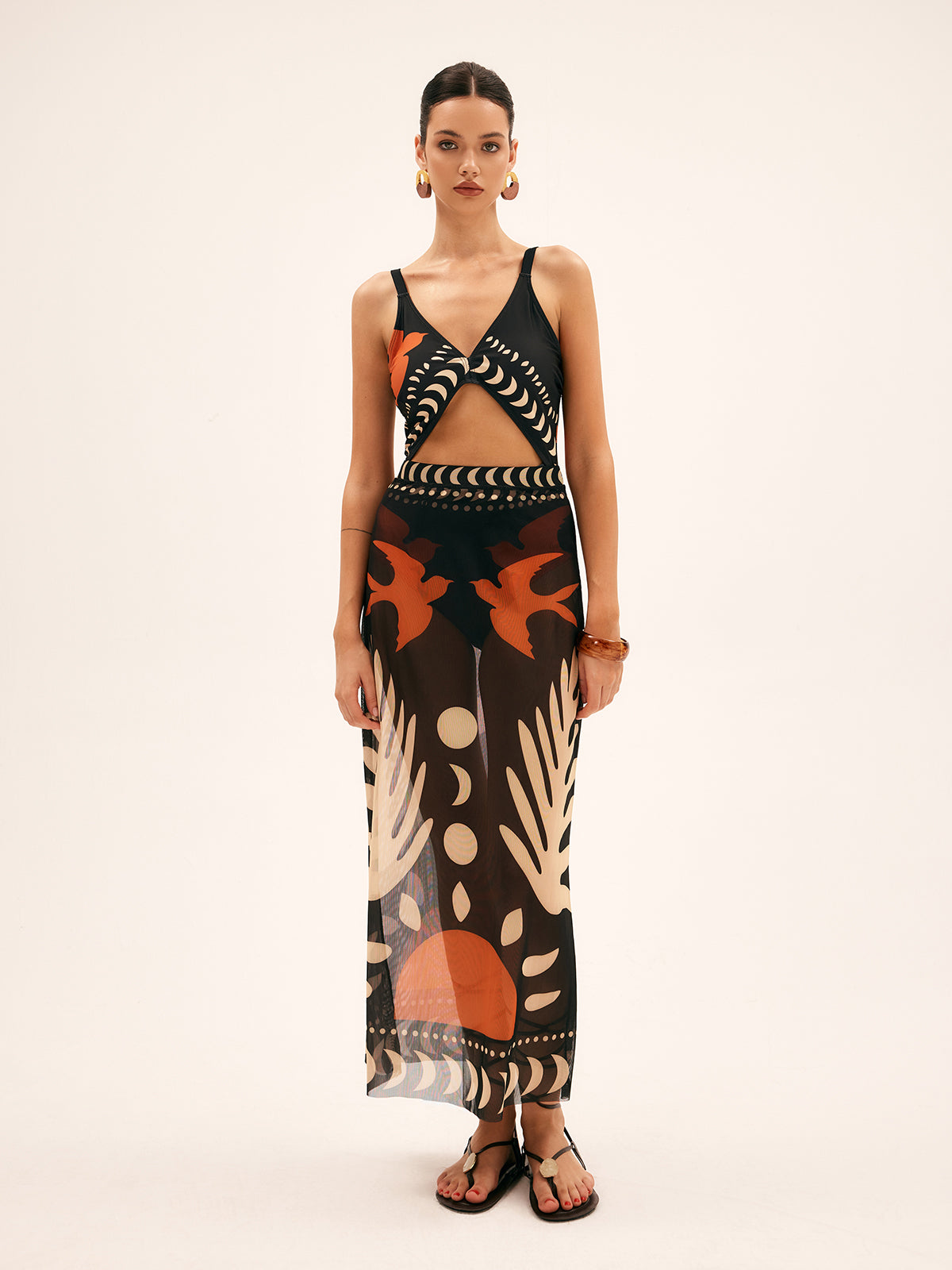 Maxi Mesh Rock mit Vogelprint – Leichtes Strand-Cover-Up