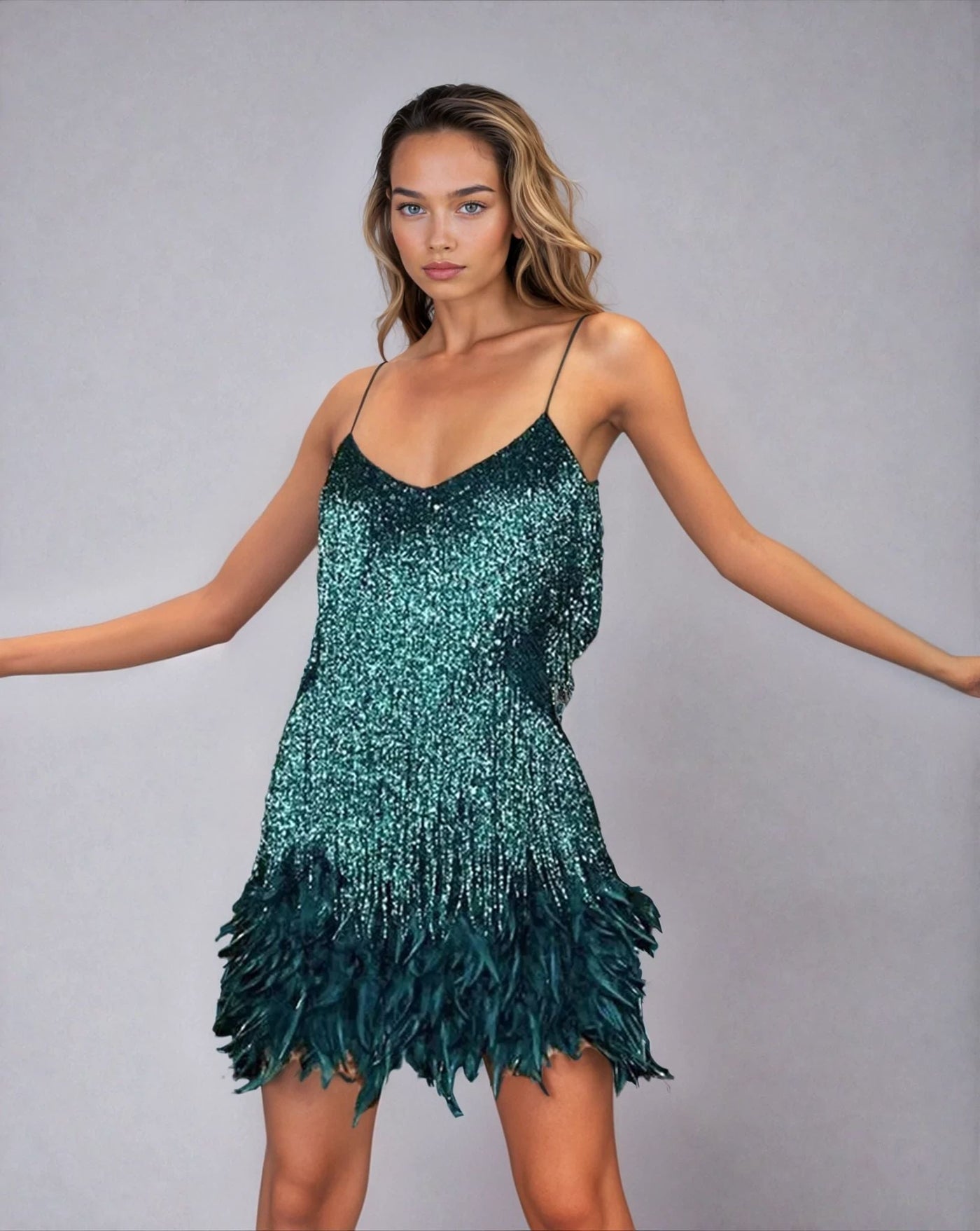 Festliches Federn-Minikleid mit Glitzer & Taillengürtel – Partykleid