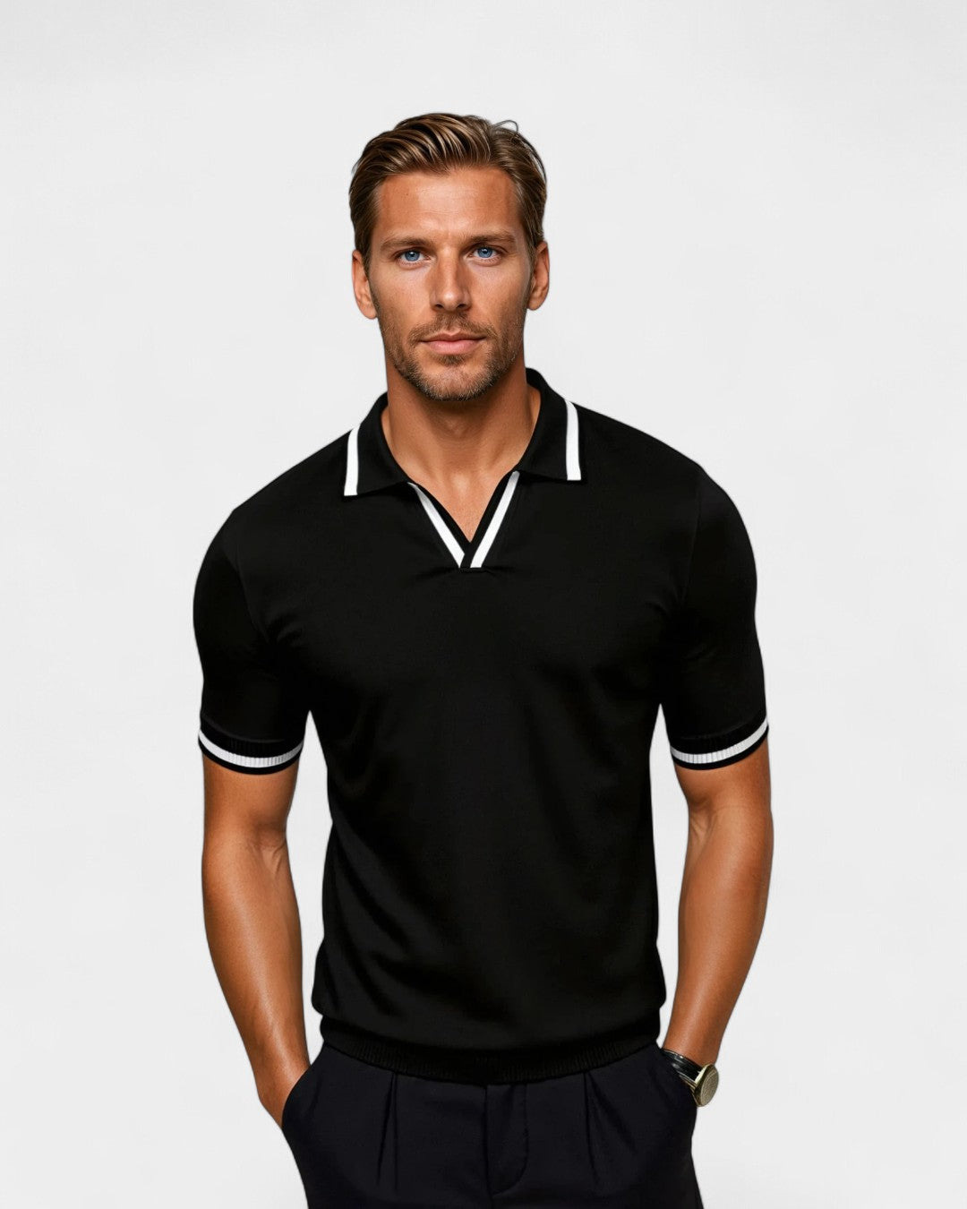 Herren-Strick-Poloshirt mit Kontrastabschlüssen – Offener Kragen