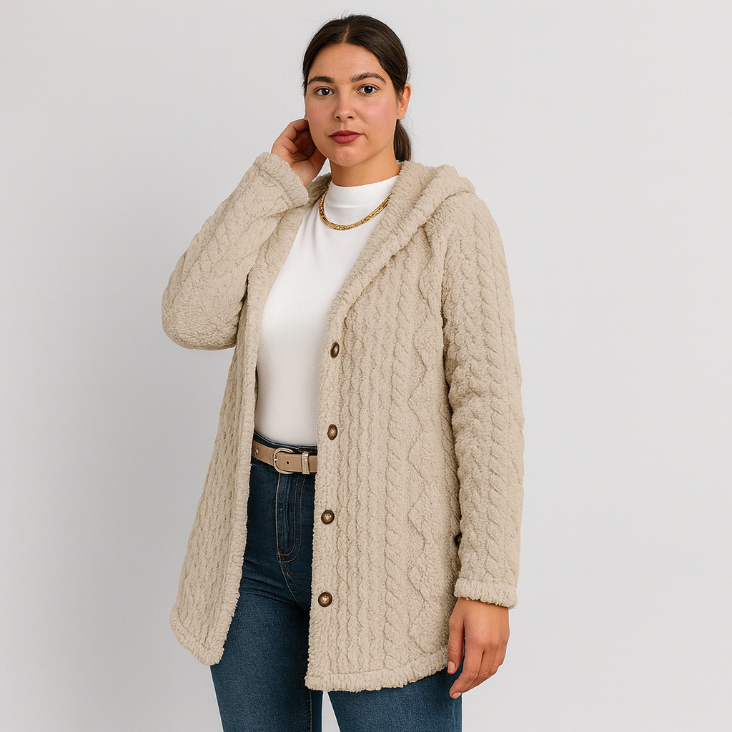 Marlena | Damen Knopf-Front Teddy Hoodie Mantel für Herbst & Winter
