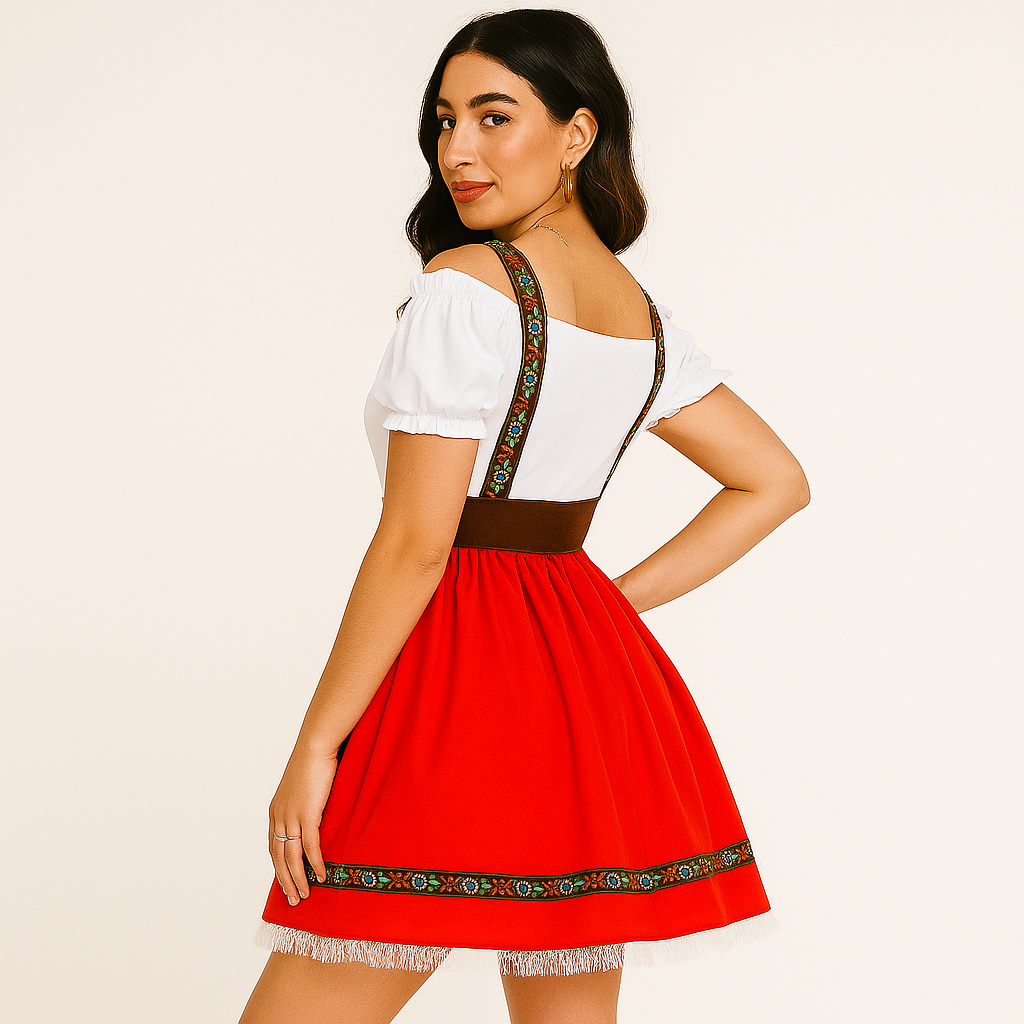 Damen Dirndl Oktoberfest – Schulterfreies Kleid mit Rüschenärmeln & Gold-Akzenten