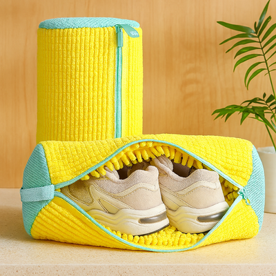 Gelber Schuhwaschbeutel für Waschmaschine und Trockner – Weiches Chenille-Futter und Reißverschluss