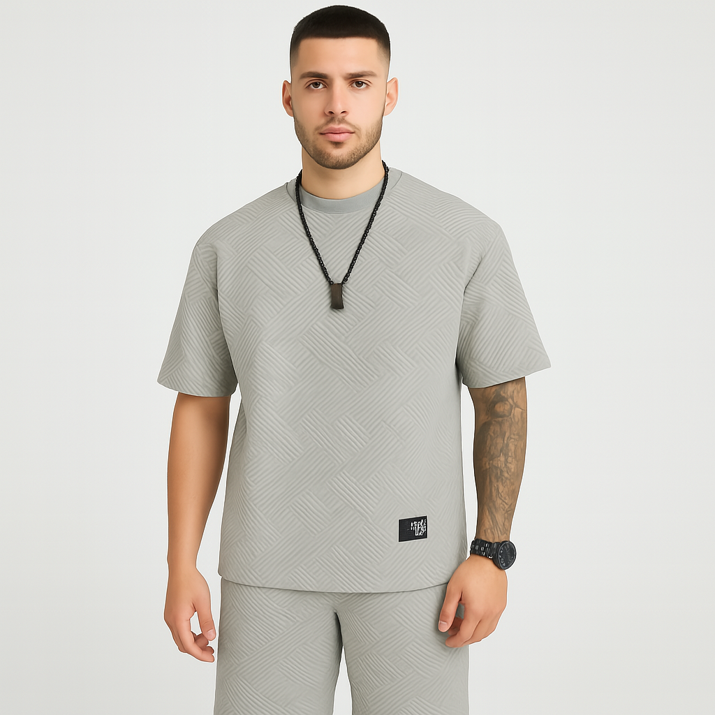 2-teiliges strukturiertes Herren-Set – Kurzarm-Oberteil mit Rundhalsausschnitt und passende Jacquard-Shorts