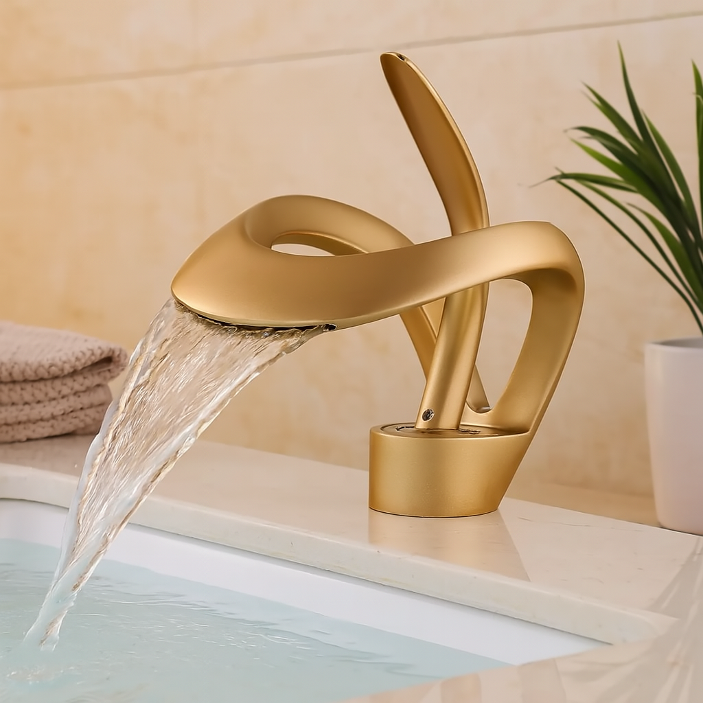 Moderner Wasserfall-Badezimmerhahn – Chrom-Einhebel-Waschtischhahn mit skulpturalem Design