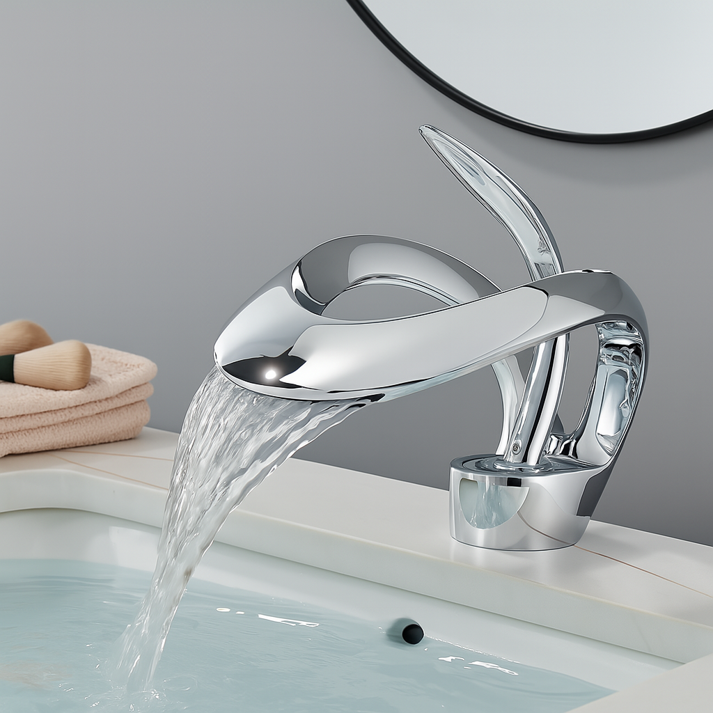 Moderner Wasserfall-Badezimmerhahn – Chrom-Einhebel-Waschtischhahn mit skulpturalem Design