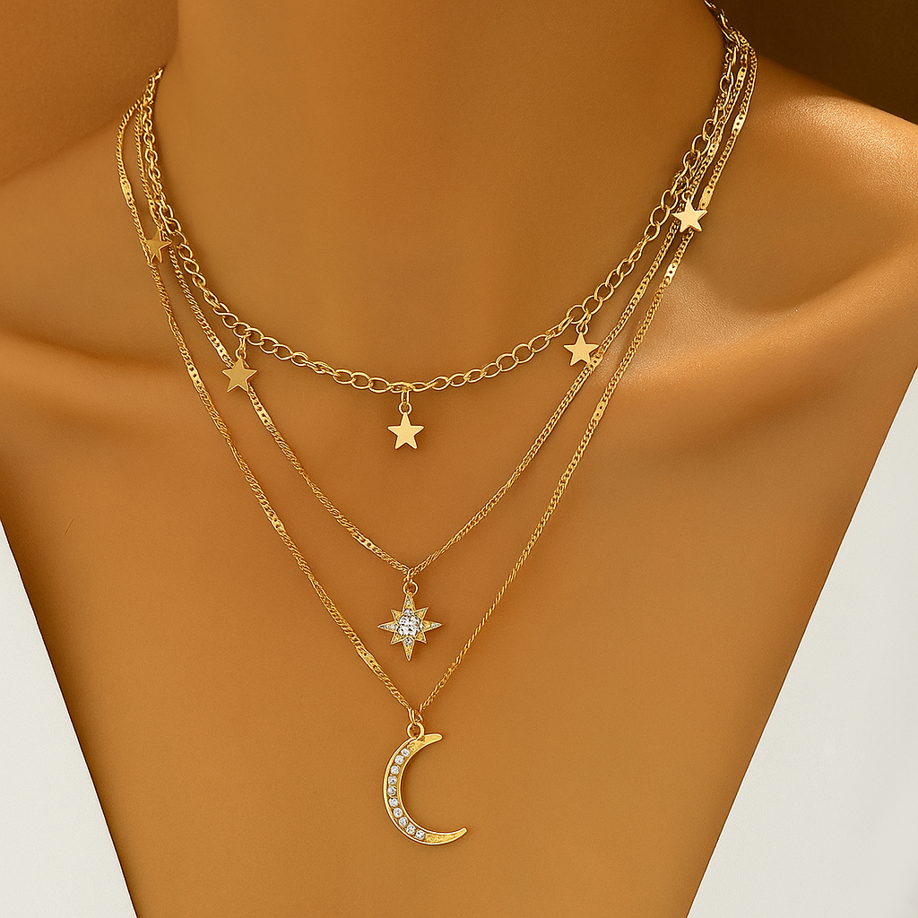 Elegante Bohemian Layered Star & Moon Anhänger Halskette