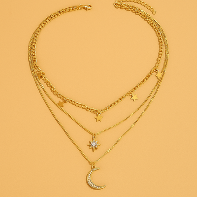Elegante Bohemian Layered Star & Moon Anhänger Halskette