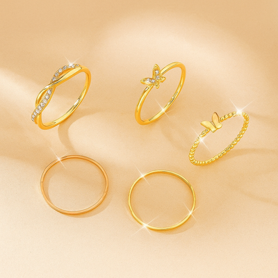 5tlg. elegantes Gold-Ton-Ring-Set - Schmetterling, gedreht & Strass-Designs