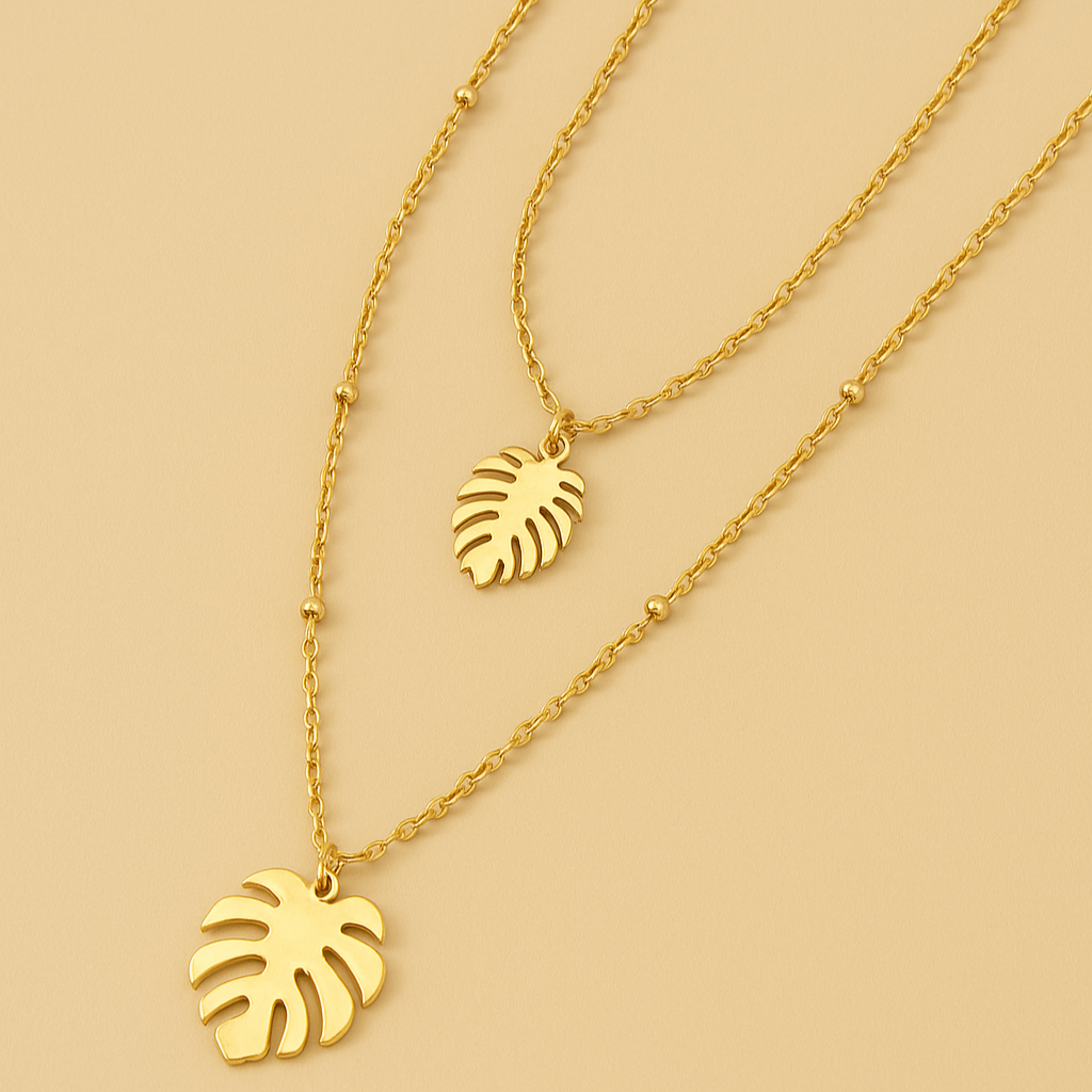Minimalistische, von der Natur inspirierte Halskette mit doppellagigem Blatt-Anhänger