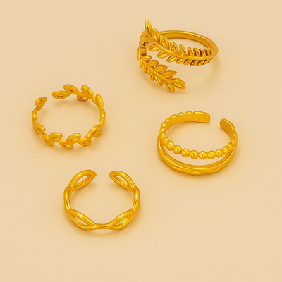4-teiliges Minimalistisches Blatt- & Geometrisches Offenes Ringset