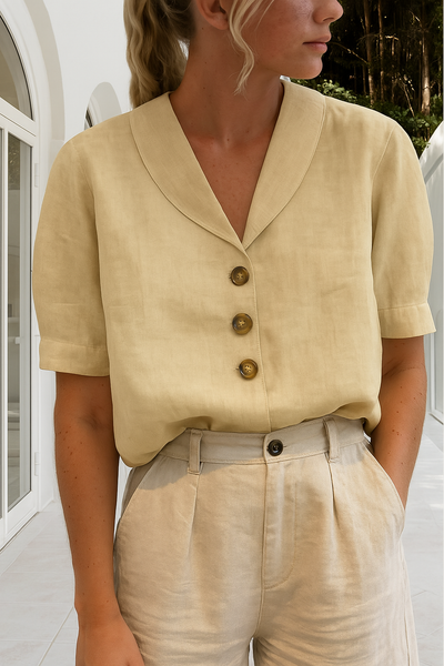 Leinenbluse mit kurzem Ärmel und Knopfleiste für Damen