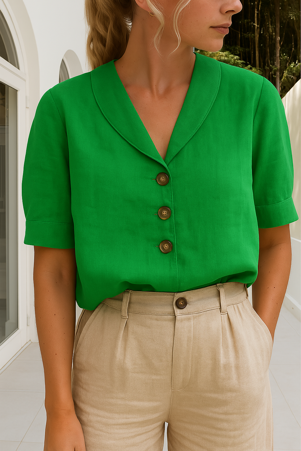 Leinenbluse mit kurzem Ärmel und Knopfleiste für Damen