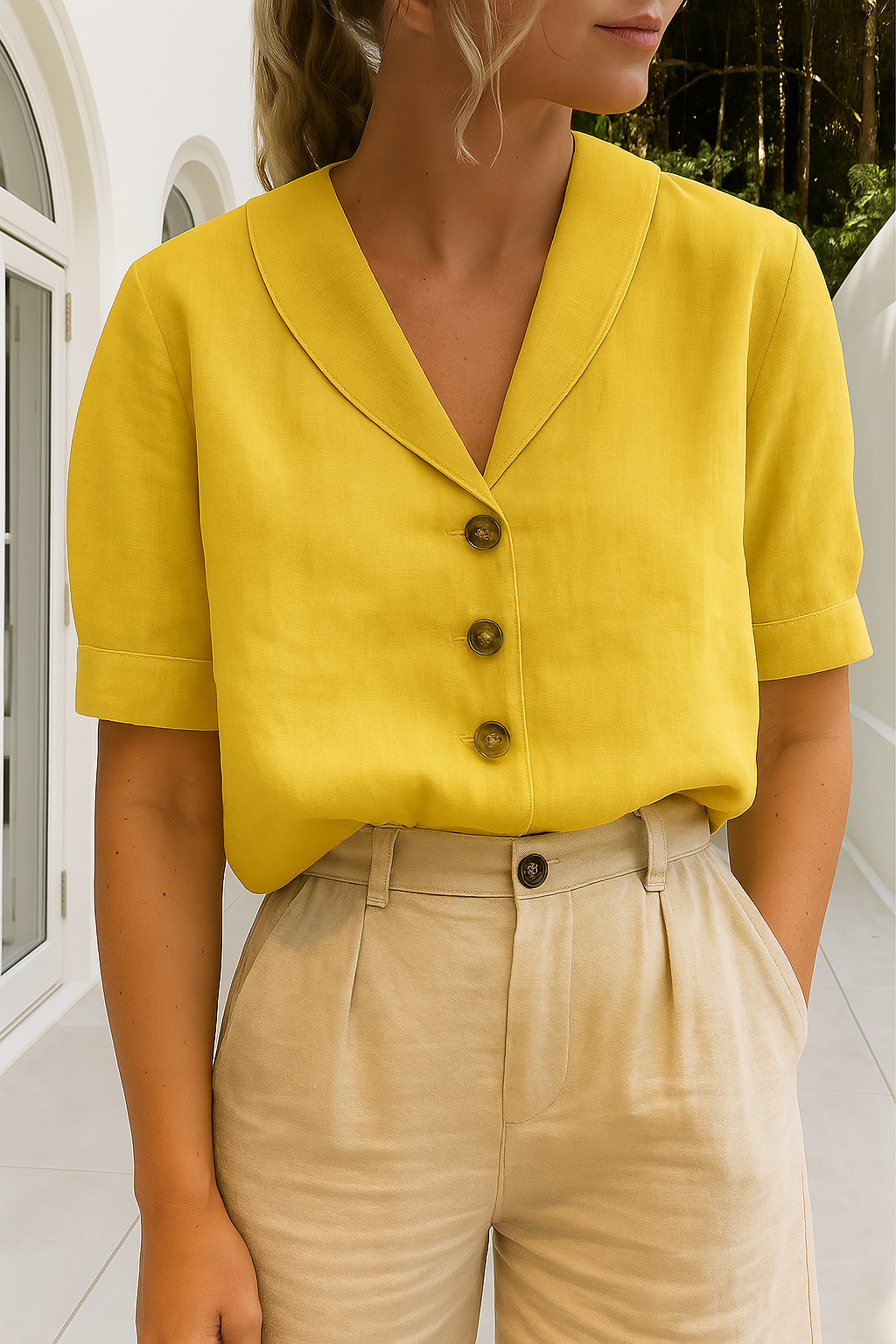 Leinenbluse mit kurzem Ärmel und Knopfleiste für Damen