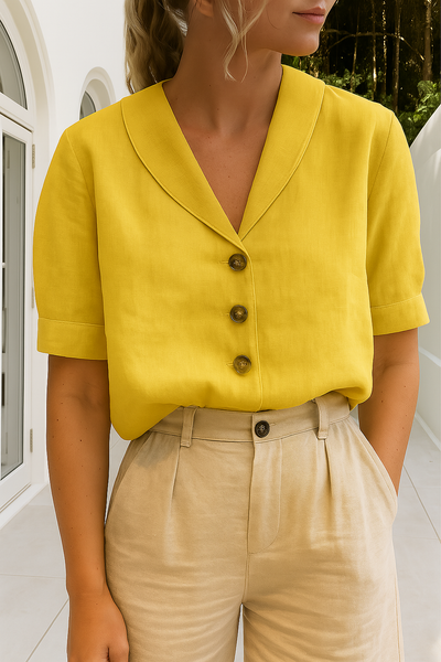 Leinenbluse mit kurzem Ärmel und Knopfleiste für Damen
