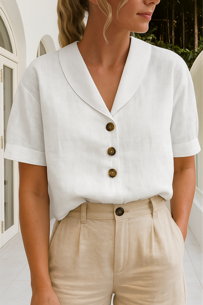 Leinenbluse mit kurzem Ärmel und Knopfleiste für Damen