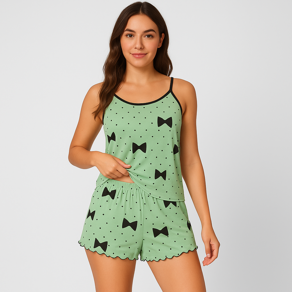 Damen-Pyjama-Set – Shorts & Top mit süßem schwarzen Herz-Print