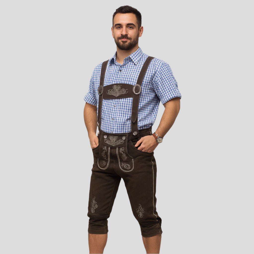 Kniebundlederhose Herren – Dunkelbraune Trachtenhose mit Trägern aus Echtleder fürs Oktoberfest