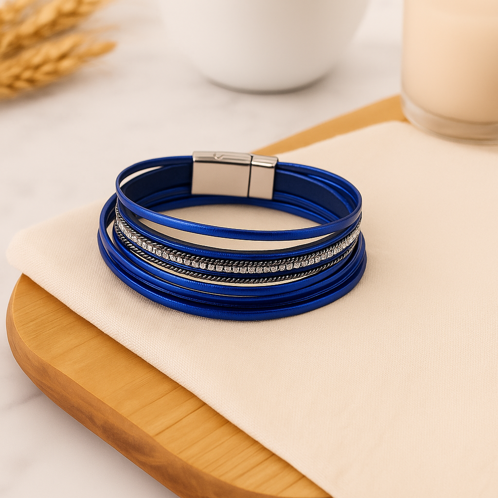 Mehrlagiges Lederarmband für Damen – Roségold mit Perlen und Kristall-Akzenten