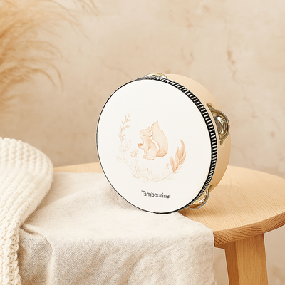 Cartoon-Holztrommel – Handglocke mit Eichhörnchen-Rassel und Griff