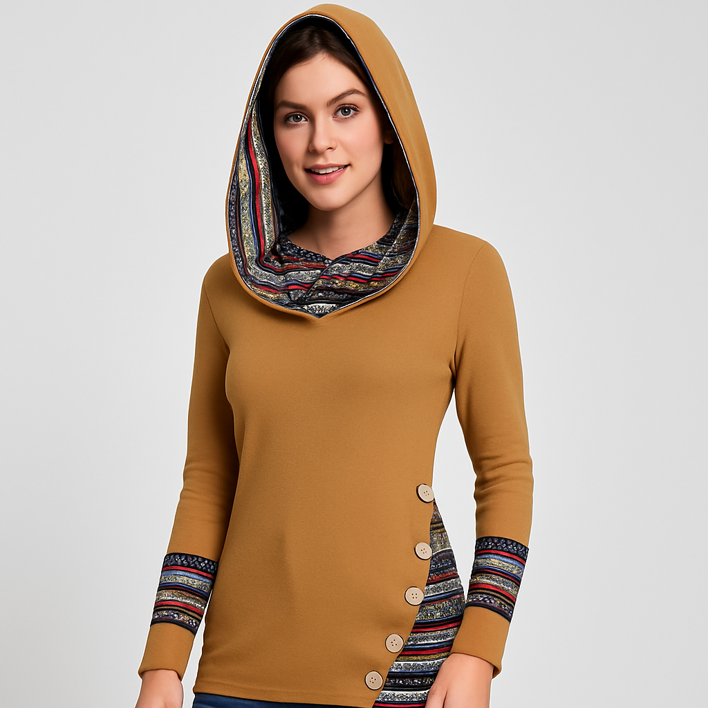 Damen Kapuzenpullover mit Ethno-Streifen – Langarm Hoodie im Patchwork-Stil