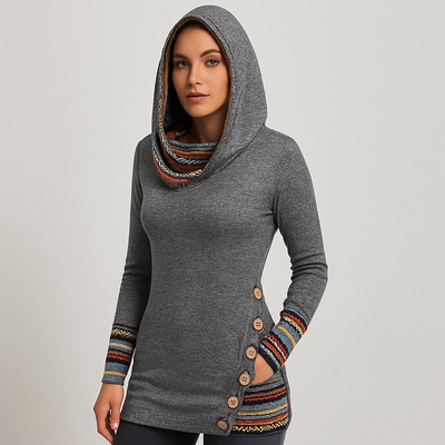 Damen Kapuzenpullover mit Ethno-Streifen – Langarm Hoodie im Patchwork-Stil