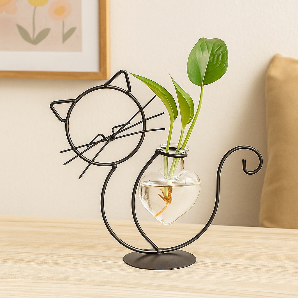 FelineBloom – Herzförmiger Glas-Pflanzkasten mit katzeninspiriertem Halter