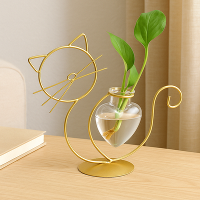 FelineBloom – Herzförmiger Glas-Pflanzkasten mit katzeninspiriertem Halter