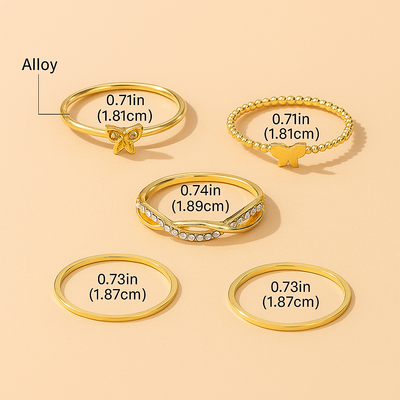 5tlg. elegantes Gold-Ton-Ring-Set - Schmetterling, gedreht & Strass-Designs