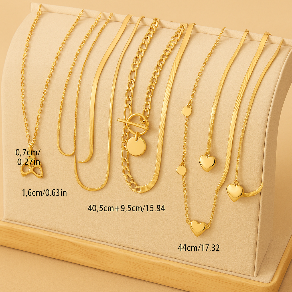 10 Stück Elegante Lagenhalsketten mit Flacher Schlangen-Kette & Herzanhänger