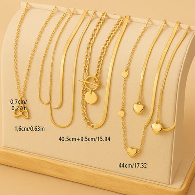 10 Stück Elegante Lagenhalsketten mit Flacher Schlangen-Kette & Herzanhänger