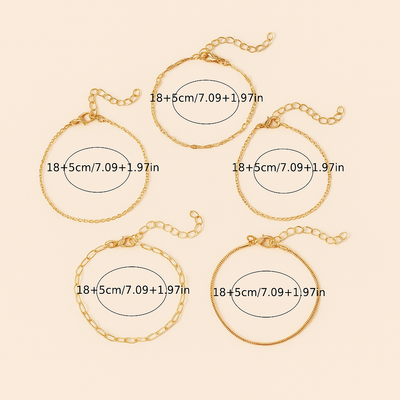 Elegantes & schickes 5-teiliges goldfarbenes dünnes Kettenarmband-Set