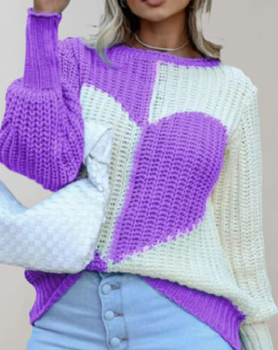 Zweifarbiger Pullover mit Herzmotiv für Damen