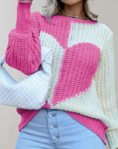 Zweifarbiger Pullover mit Herzmotiv für Damen