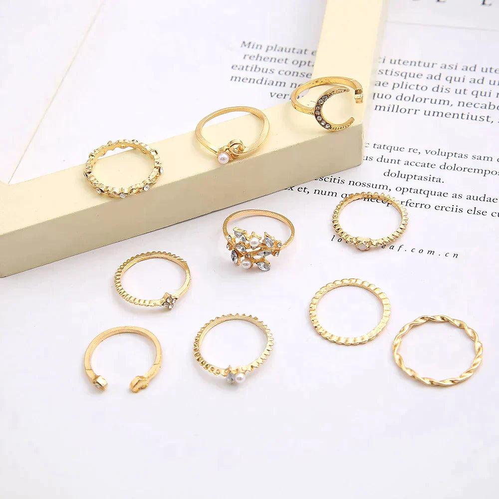 10er-Set Boho-Ringe in Gold