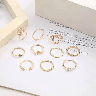 10er-Set Boho-Ringe in Gold
