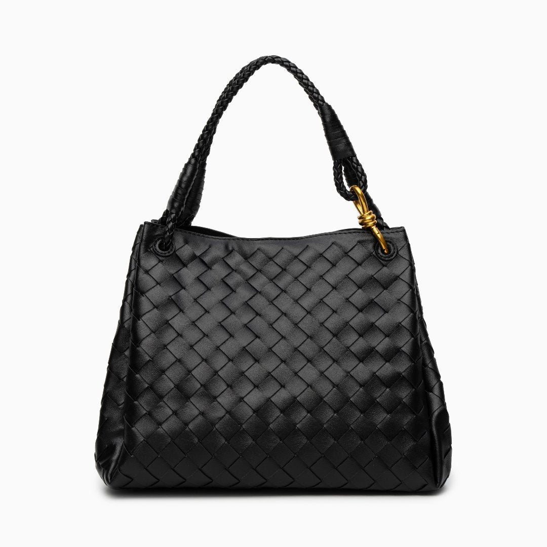 Valeria | Geflochtene schwarze Damenhandtasche aus veganem Leder mit Schulterriemen & goldenen Details